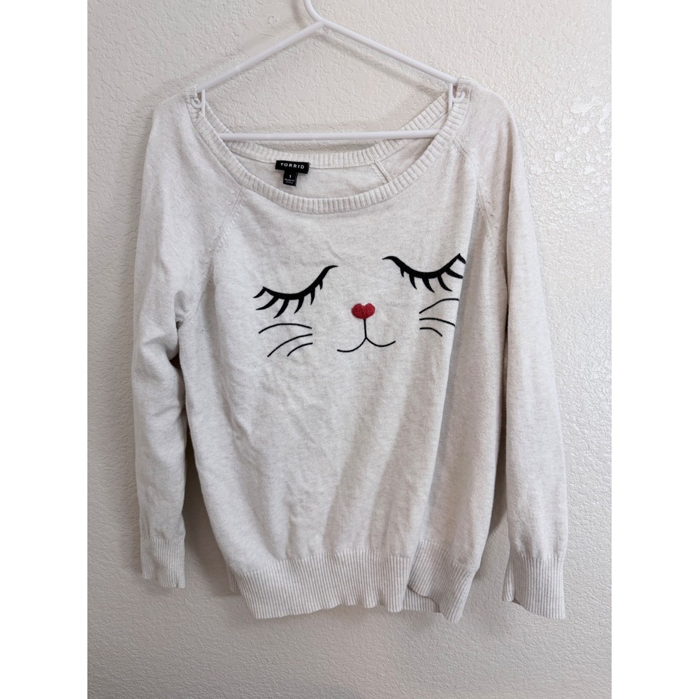 Torrid Womens Cream Cat Face Embroidered Heart Nose Scoop Neck Sweater Size 1